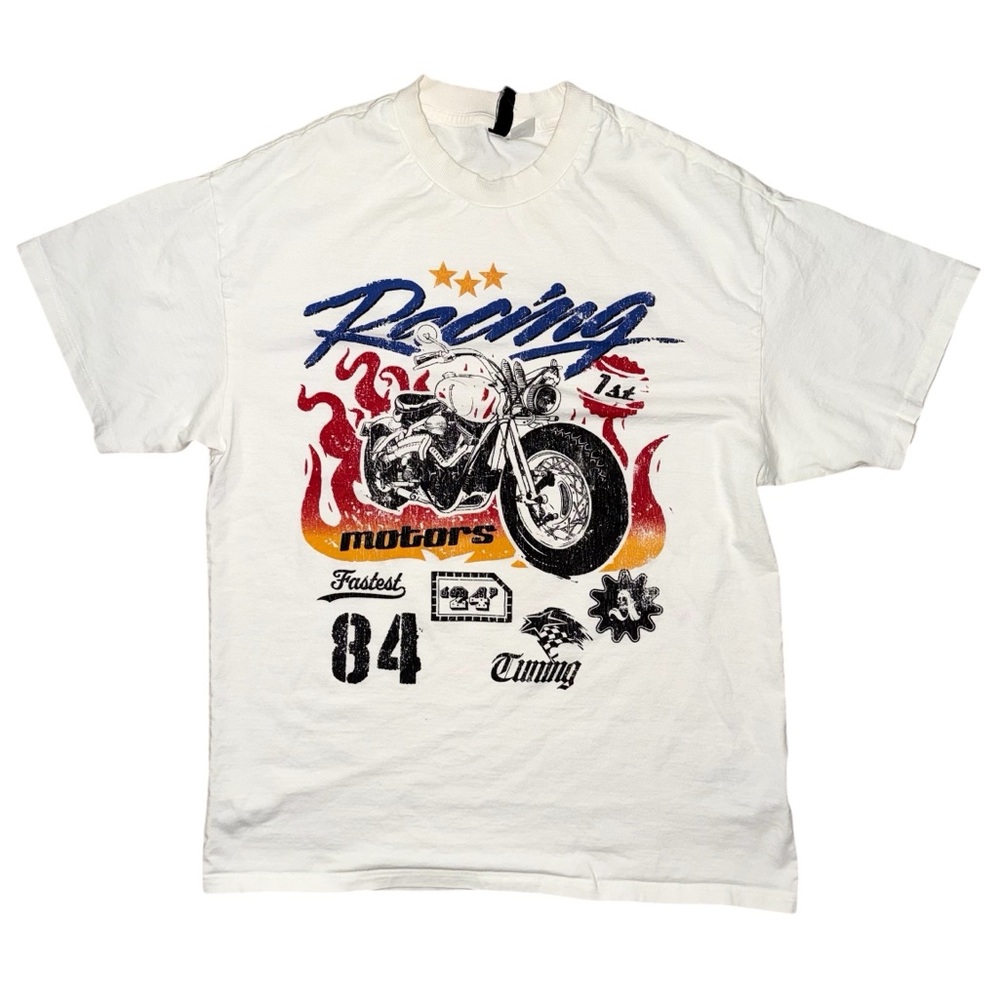 H&M Divided Oversized White Graphic T-Shirt - Racing Motorcycle Design